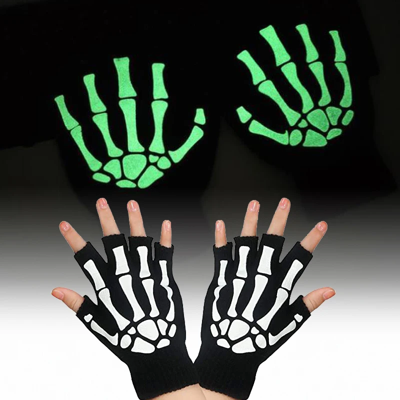 TWO PAIRS Glow In Dark Skully Magic Stretchy Cotton Gloves One Size Fits Most #6 