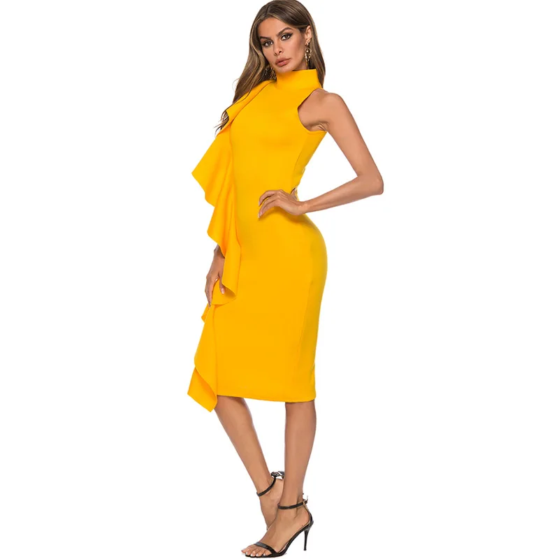 Желтое коктейльное платье с высокой горловиной, без рукавов, с рюшами, для женщин, арабское, сексуальное, с разрезом сзади, высокое качество, короткое, официальное, вечернее платье