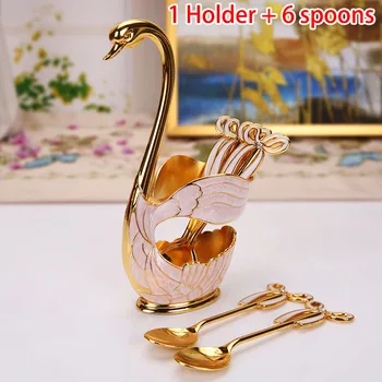 

Dining Table+6Pcs Spoons Tableware Spoon Fork Set 304 Stainless Steel Fruit Cake Fork Coffee Tea Spoon Swan Holder Cutlery Decor