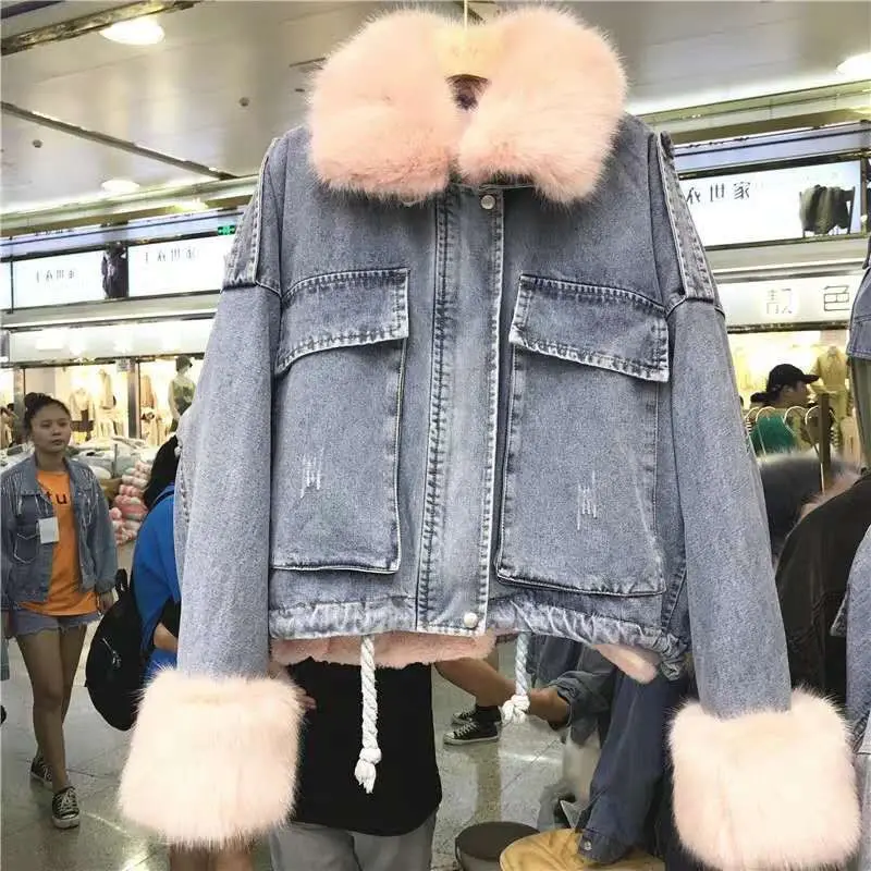 Зима стиль деконструируемый плюш внутренний носить большой меховой воротник джинсовое пальто парка Женская Толстая теплая с хлопковой подкладкой Clo