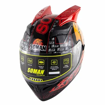 

Motor kask ECE Approval capacete moto Double Lens Highway Riding Motorcycle Helmet Full Face Helmets Soman SM960+Spoiler horns