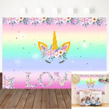 

Unicorn Birthday Photography Backdrop Rainbow Flower Love Photo Background Newborn Baby Shower Party Banner Backdrops