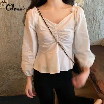 

Celmia Sexy V-neck Women Tunic Tops Fashion Blouse Long Puff Sleeve Elegant Office Shirts Casual Slim Pleated Solid Blusas Mujer