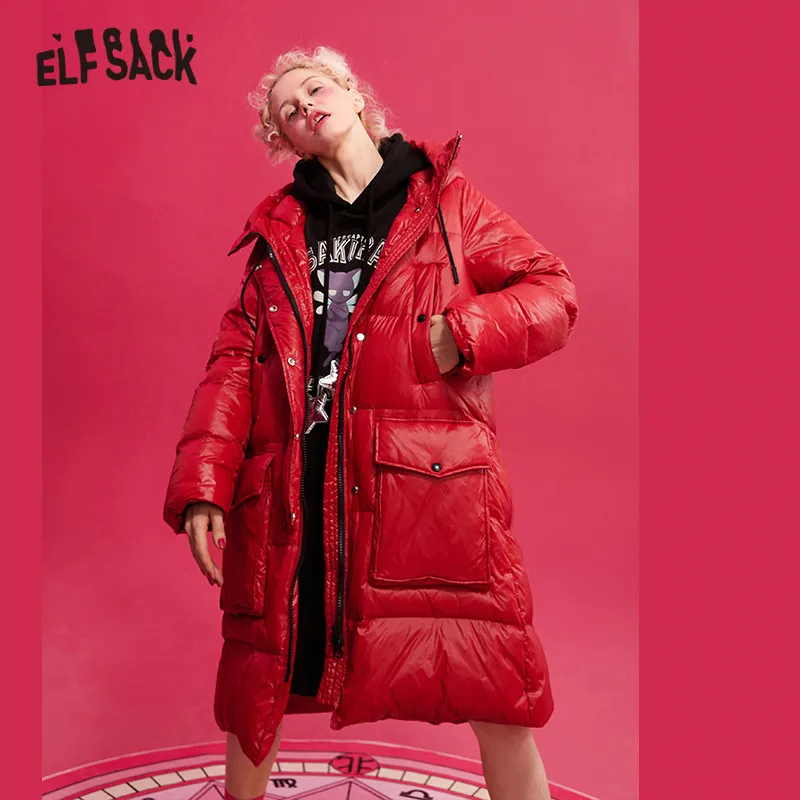 ELFSACK, черный однотонный сатиновый прямой теплый длинный пуховик с капюшоном для женщин, зима, красный принт с буквами, корейский стиль, женская верхняя одежда