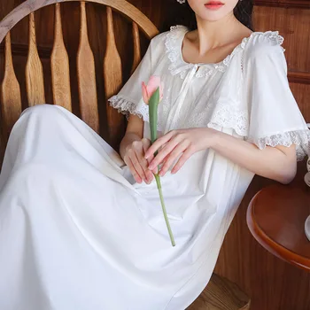 공주 잠옷 코튼 나이트 드레스 여성 화이트 스위트 레이스 짧은 소매 긴 가운 Peignoir 빅토리아 복장 빈티지 나이트 가운