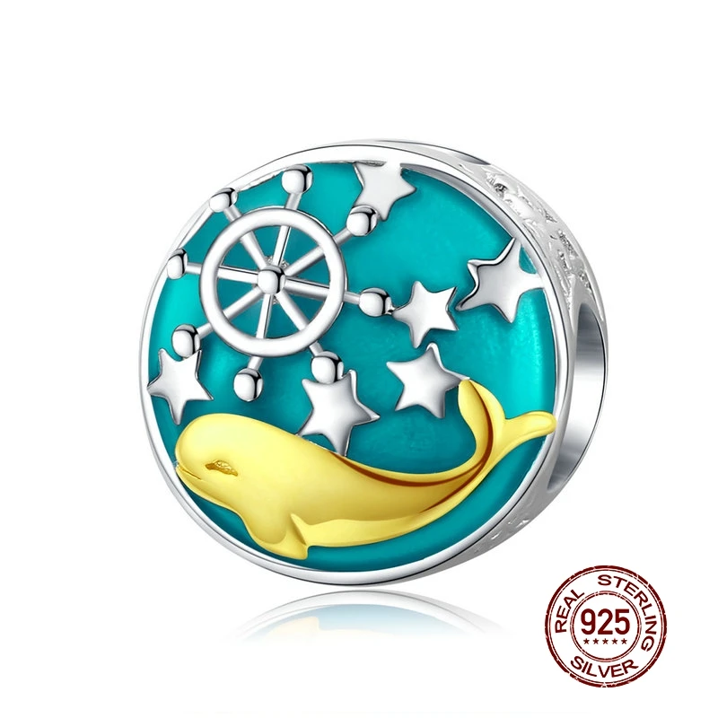 MOWIMO 925 пробы Серебряный КИТ рыба круглый синий шарик подходит для браслетов