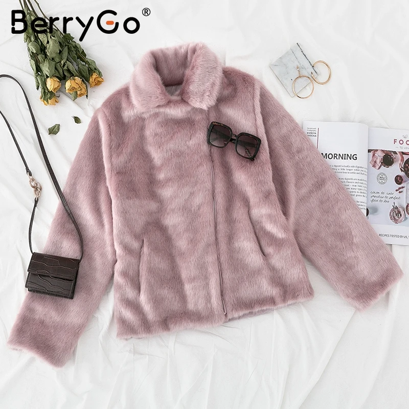 BerryGo/Большие размеры, пальто из искусственного меха, женские роскошные молнии, Осень-зима, теплые меховые пальто, уличная, толстая, розовая, короткое пальто