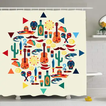 

Shower Curtain Set with Hooks 72x72 Simplicity Mexican Design Style Salt Flayer Cigar Lemon Taco Objects Nachos