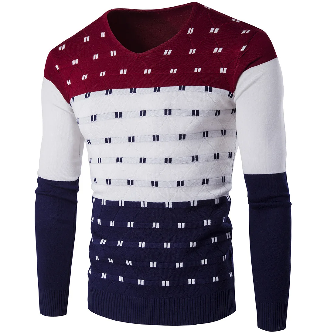 5 цветов, полосатый мужской свитер, теплый, длинный рукав, v-образный вырез, зимняя одежда для мужчин, модный, облегающий, с принтом, пуловер, свитер - Цвет: Red wine