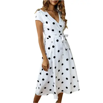 

Women V-neck Polka Dots Short Sleeve Maxi Dress Ladies Boho Long Summer Sundress