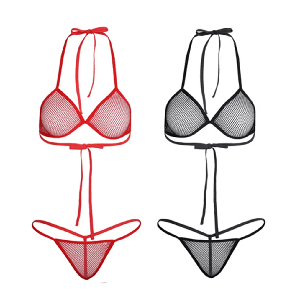 

Sexy Erotic Women Ladies Bikini Set Lingerie Fishnet Halter Bra Top Micro G-string Thongs See-through Swimming Suit Swimwear