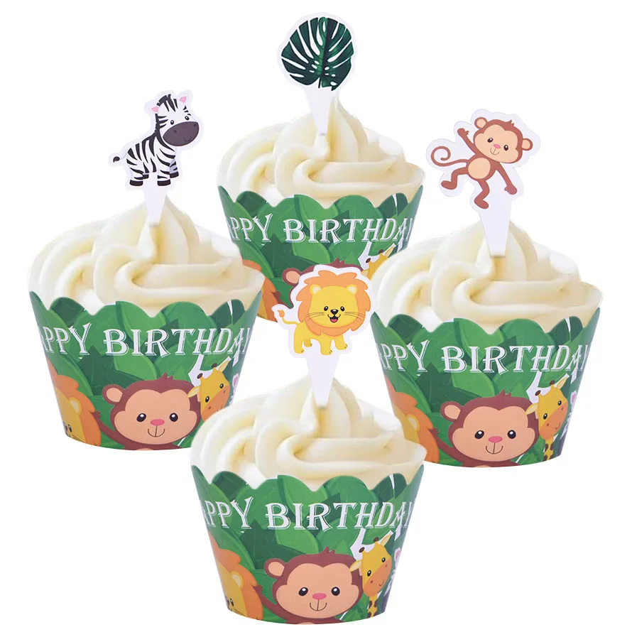 Animal Zebra Lion Giraffe Elephant Leaf Happy Birthday Cup Cake Wrappers Cup Cake Topper Kids Birthday Party Decoration Supplies