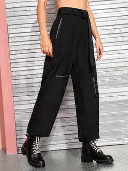 

2020 Black High Waist Cargo Pants Women Cool Girls Gothic Patchwork Loose Streetwear Women Hip Hop Trousers Pant + Belt S-XL