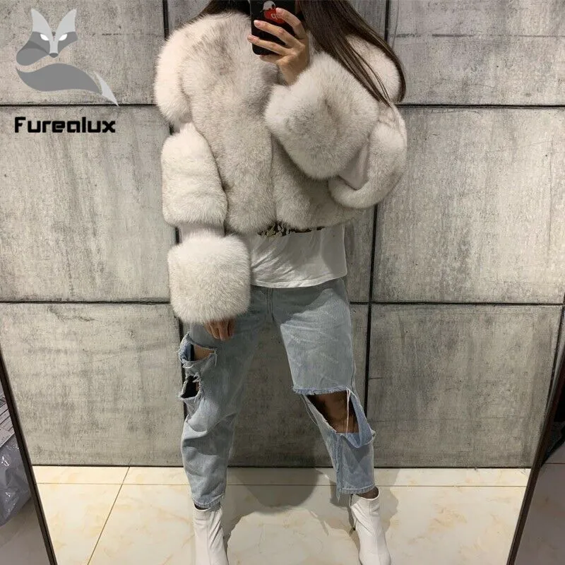 Furealux Новое поступление натуральный мех куртка супер теплая Полный Пелт шуба из натурального Лисьего меха с длинным рукавом высокая уличная женская шуба из натурального меха