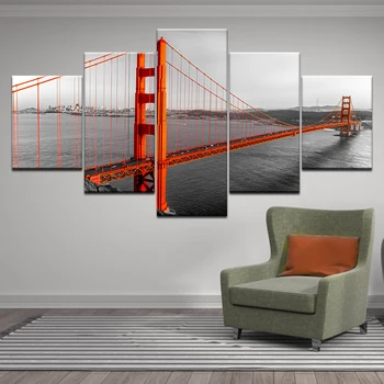

Modular Posters Wall Art Canvas HD Prints Pictures Home Decor Living Room Room 5 Pieces Golden Gate Bridge Paintings Framework