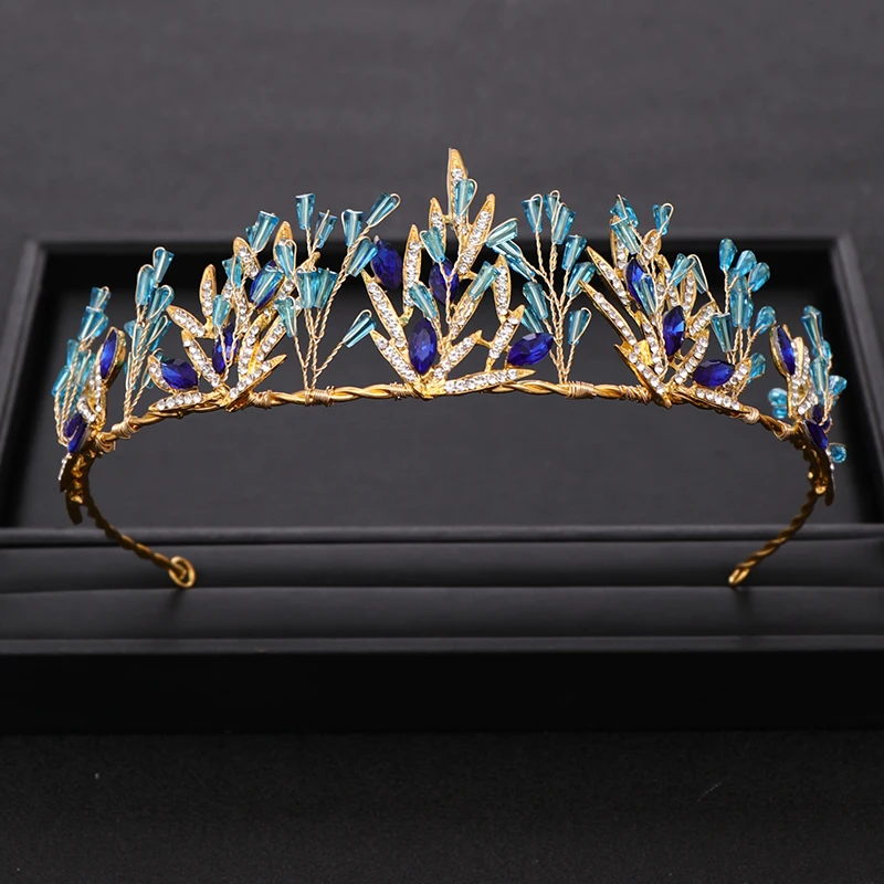

Trendy Wedding Crown Blue Rhinestone Crystal Crown Hair Accessories Gold Leaf Headdress Crown Bridal Wedding Hair Accessories