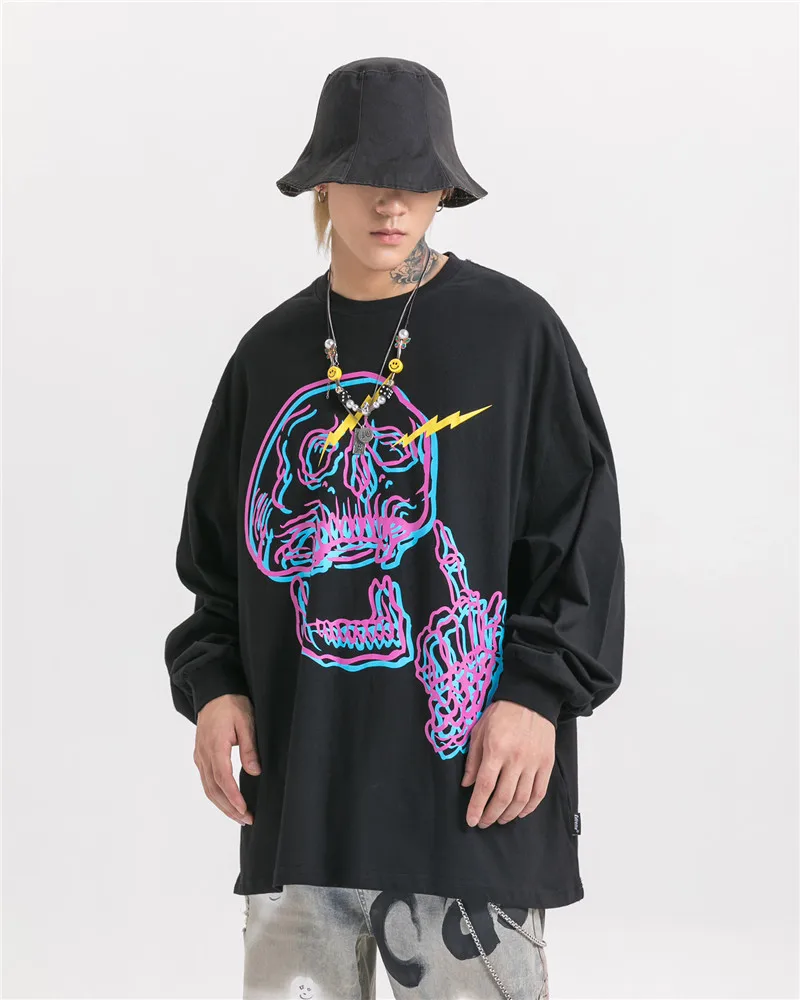 Новые модные футболки с принтом черепа мужские осенние свободные топы с круглым вырезом и длинными рукавами Harajuku одежда хип хоп унисекс скейтерская футболка