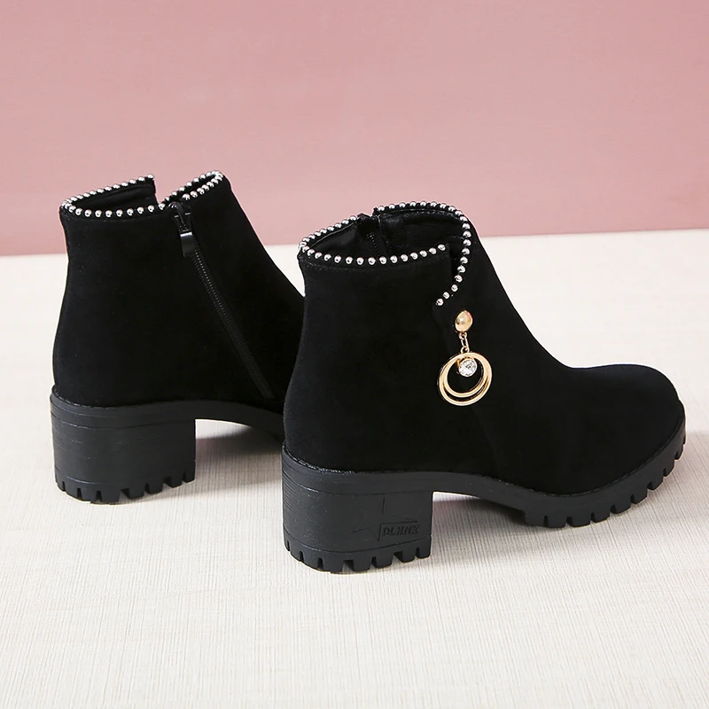 Autumn Winter Warm Women Ankle Boots Square High Heels Leather Boots Pointed Martin Boots Casual Pumps