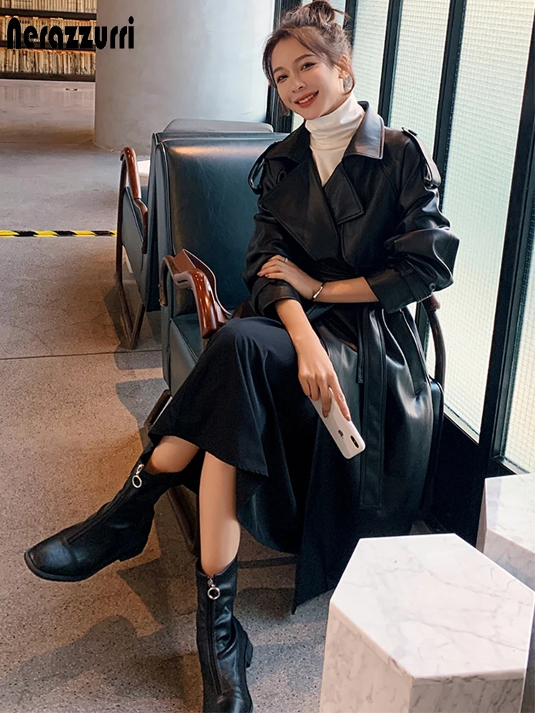 Nerazzurri Spring Black Oversized Long Waterproof Leather Trench Coat for Women 2021 Long Sleeve Loose Korean Fashion Clothing 3