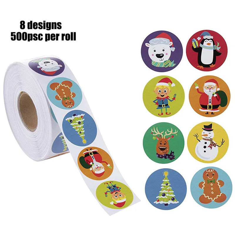 

8 designs christmas stickers 500pcs per roll cartoon reward sticker scrapbooking for package seal labels stationery sticker