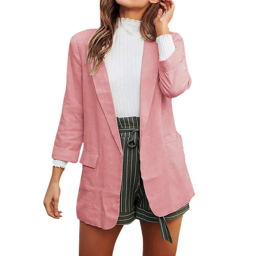 Осенний женский короткий кардиган с длинными рукавами, пиджак, офисный Повседневный пиджак, Блейзер, костюмы Верхняя одежда с карманом - Цвет: Розовый