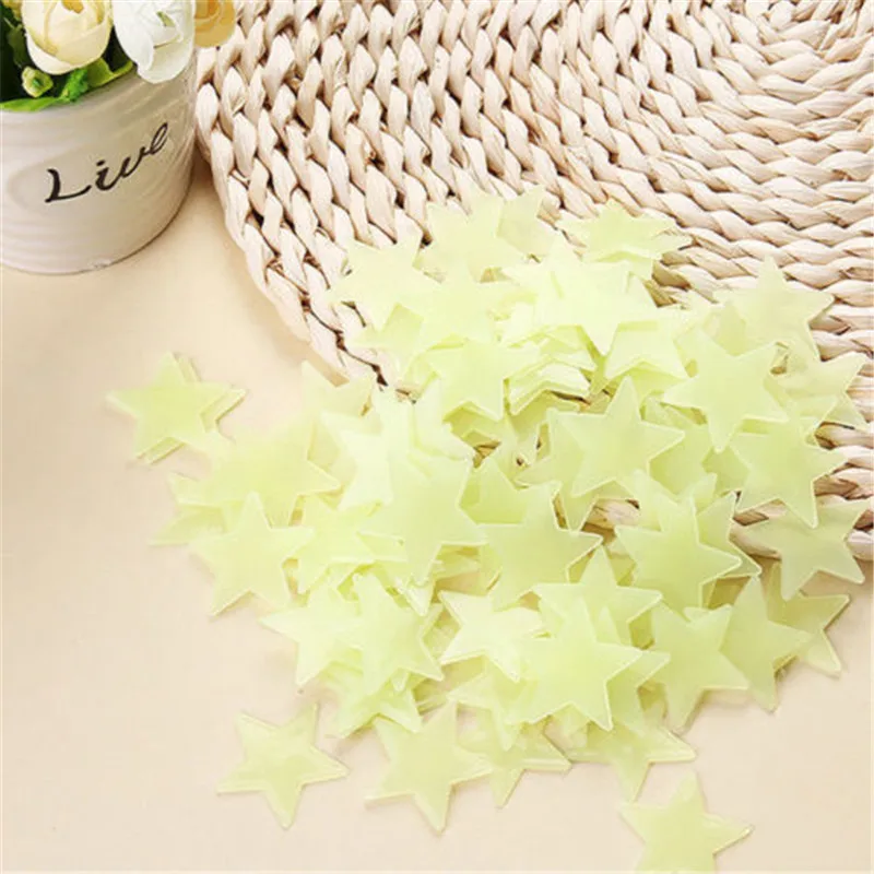 100pcs Glow Star Supplies Children Cartoon PVC Luminous Patch Neon Solid 3D Sticker Star/Moon Home Party Wallsticker