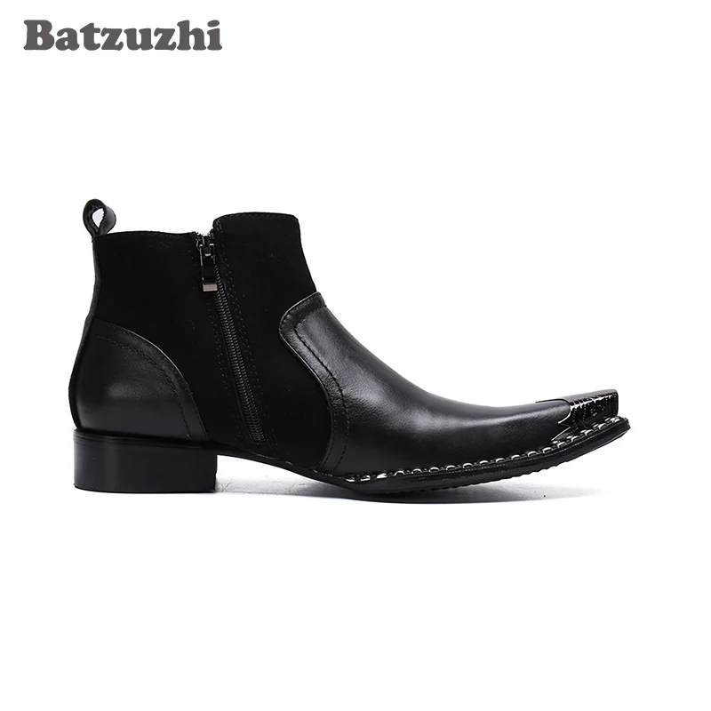 Batzuzhi Western Fashion Men's Boots Pointed Metal Toe Genuine Leather Dress Boots Business Black Leather Boots Botas Militares