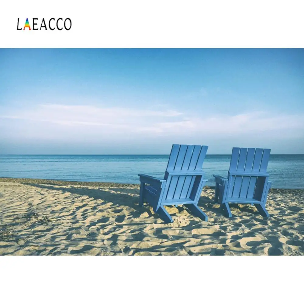 Laeacco Summer Holiday Photography Backgrounds Blue Sky White Clouds Sea Beach Chair Photo Backdrops Tropical Portrait Photozone |