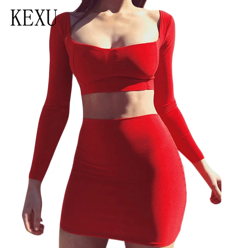

KEXU Elegant Bandage Dress Women Casual Long Sleeve Mini Sexy Bodycon Two Pieces Sets Slim Elastic Dress Ladies Party Vestidos