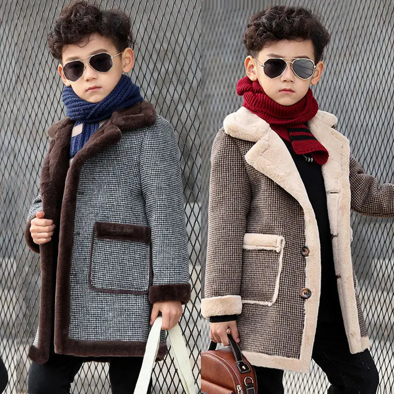 Boys thick mid-length coat children3-14years old tartan coat children winter plush warm plus velvet baby children's clothin