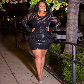 

Women's Plus Size Sexy See Through O Neck Long Sleeve Sequined Bodycon Cocktail Club Sheath Ladies Sequin Dresses Robe Africaine
