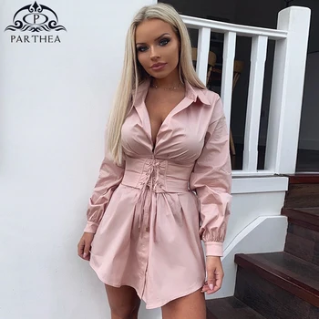 

Parthea 2019 New Sexy Shirt Dress Autumn Long Sleeve Corset-style Bandage Belt Dress Pink Vintage Mini Dresses Woman Party Night