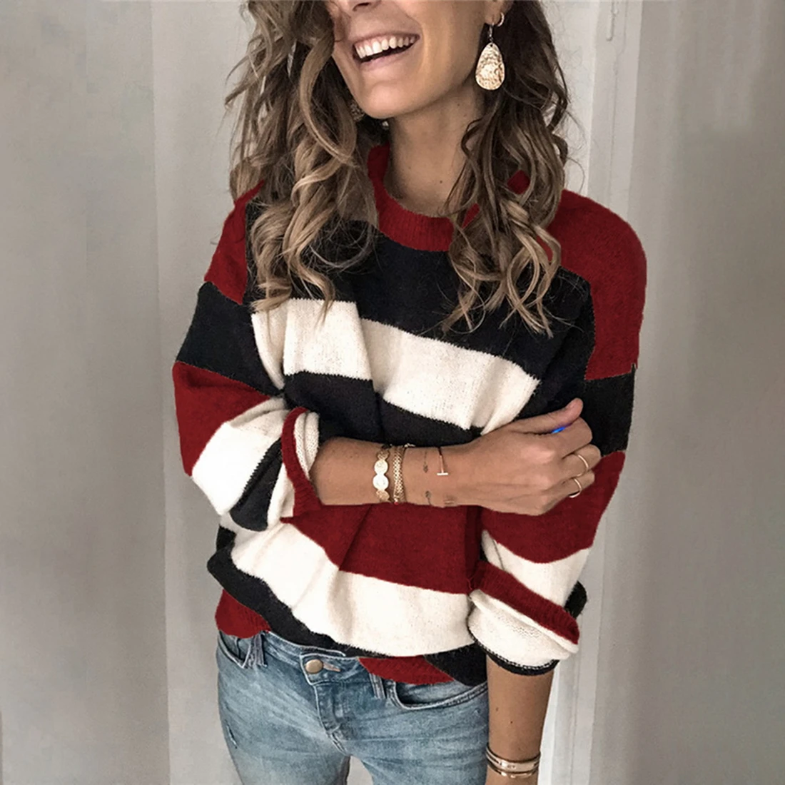 Christmas Striped Thin Knitted Tee Tops Women Autumn Winter Fashion Patchwork Jumpers High Quality Pullovers Pull Femme | Женская одежда