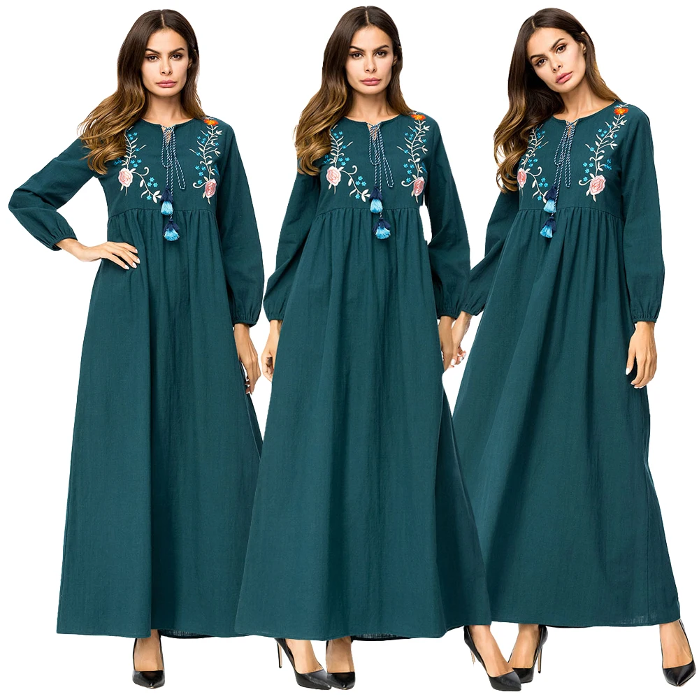 

Dubai Muslim Women Embroidery Dress Ethnic Style Tassel Kaftan Jilbab Long Maxi Gown Drawstring Draped Design Abaya Long Sleeve