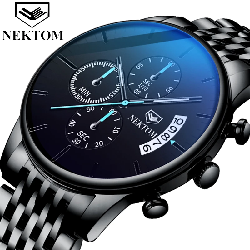 

NEKTOM Butterfly Snap Solid Steel Band Men's Watch Waterproof Motorsport Coated Glass Luminous Three Eyes 6 Pin Quartz Watch