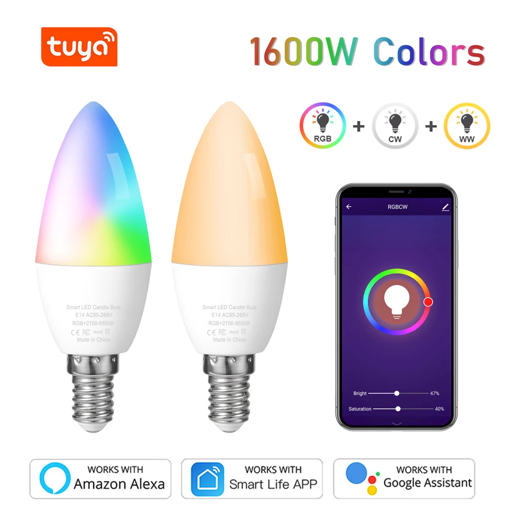 

Tuya Smart Wifi LED Bulb E14, RGB Dimmable Light Bulb 5W, , Work with Alexa Echo Google Home Assistant, No Hub Required, 1 Packs