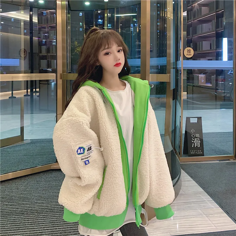 

Женские шерстяные утолщенные шубы, универсальная Свободная Повседневная теплая куртка с капюшоном, корейская модная элегантная верхняя одежда, осень, Новинка