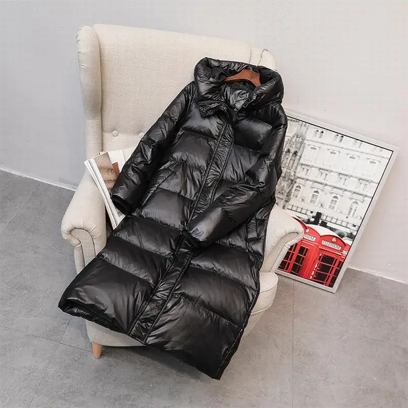 black down jacket Luzuzi/ Зимний пуховик женский яркий белый пуховик с утиным пухом, тонкое длинное плотное пальто, парка с капюшоном, теплая одежда, водонепроницаемая - Цвет: black down jacket
