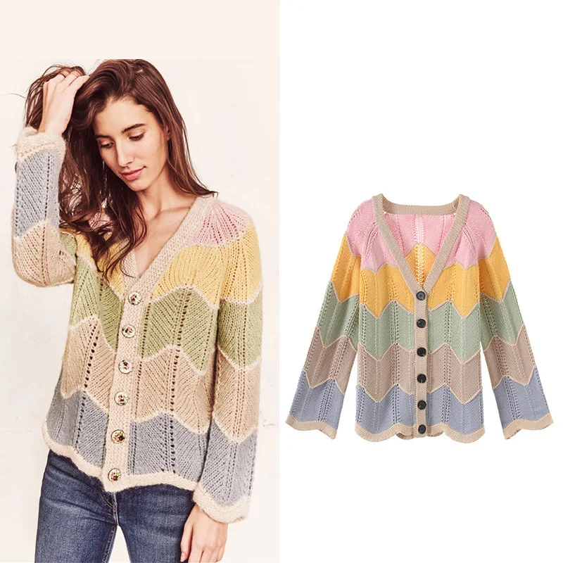 

New Booking sweet temperament wind color wave grain v neck knitting cardigan autumn female SA0913 thin coat