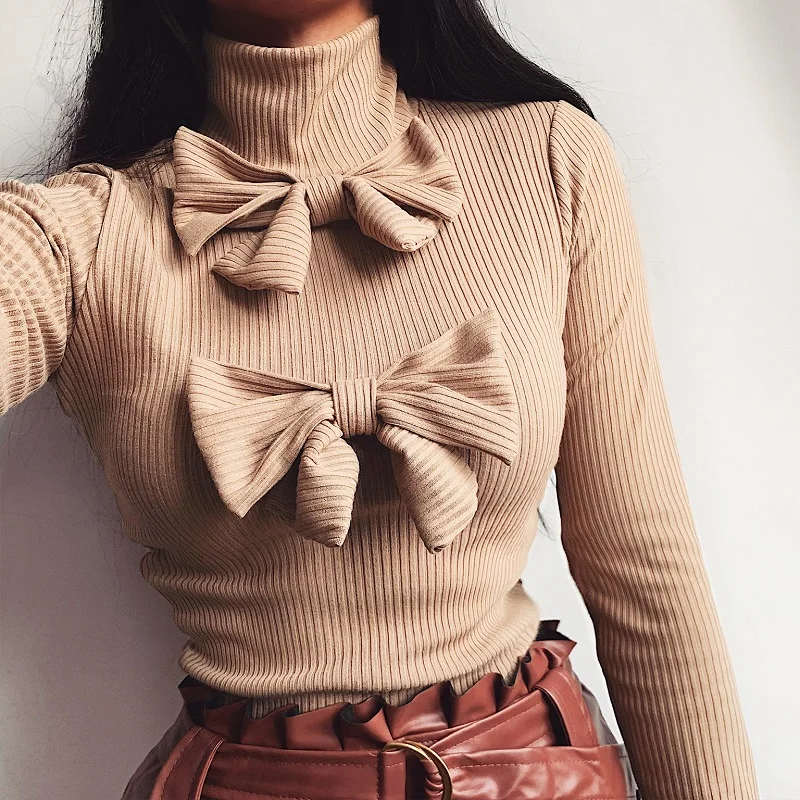 2020 Spring Turtleneck Bow Knitted Sweater Women Fashion Long Sleeve Slim Fit Tops Pullover Autumn Solid Streetwear Sweater Pull