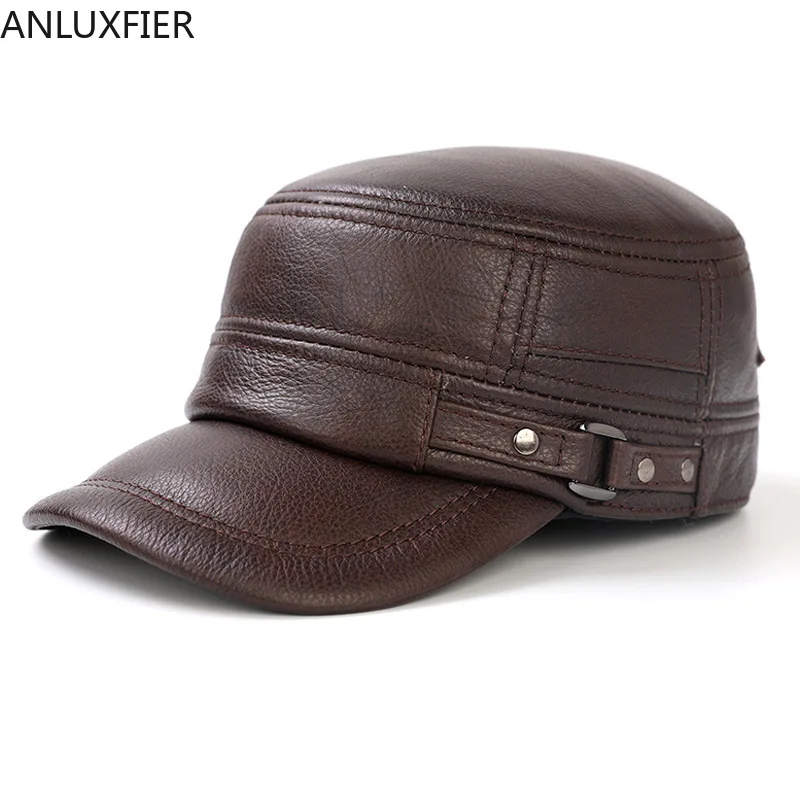 

Men's Leather Flat Top Visor Hat Middle Age Male Autumn Winter Casual Cowhide Cap Elderly Warm Ear Protection Fashion Caps H6995