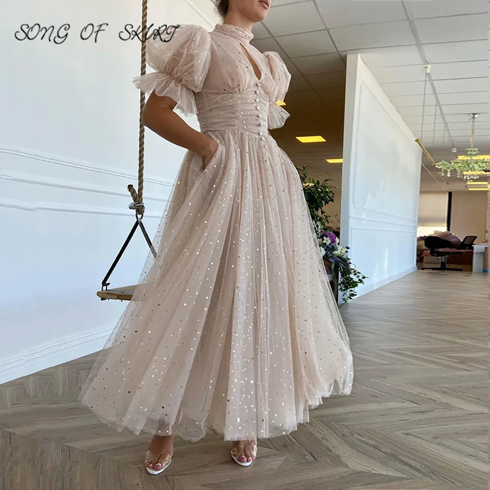 

Ivory Short Puff Sleeves Prom Party Gown Tea Length Split High Collar Holy Communion Formal Dresses Robe De Soirée Femme