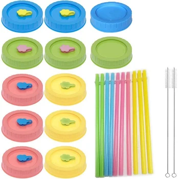 

Mouth Mason Jar Lids with Straws and Cleaning Brush,Plastic Leak-Proof Seal Storage Caps for Mouth Mason Jars Can Jars