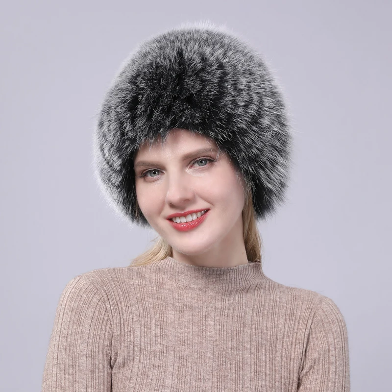 Горячая Распродажа натуральный мех серебристой лисы, шапка для женщин, натуральный мех, шапка из меха лисы, вязаные шапки для женщин, толстый теплый головной убор, украшение для волос для девочки, шапка