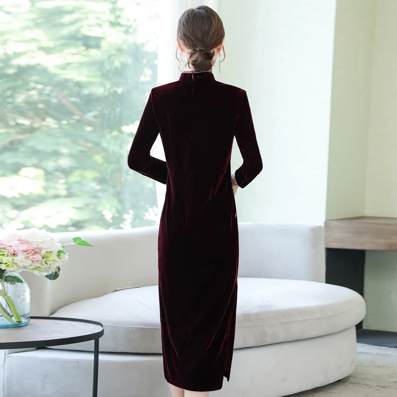 ASYH-8232# платье для мамы; Cheongsam pleuche; цвет винный, красный; платья для свадебной вечеринки; длинное платье для дочери; ; женское платье среднего возраста