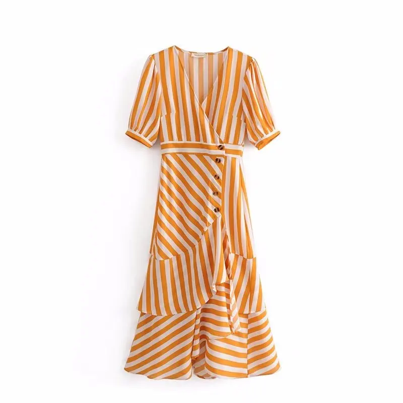 Boho chic Женские желтое Полосатое платье с v-образным вырезом платья с короткими рукавами женские пояса боты миди платье, элегантное, Vestidos - Цвет: yellow