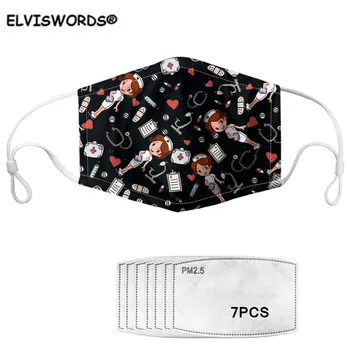

ELVISWORDS Mouth Mask Black Dustproof Elastic Face Mouth Mask Nurse Design Cartoon Kids/Adult Mask with 7 Filters Reusable 2020