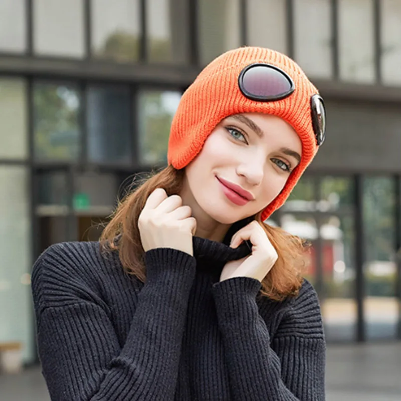 RUHAO двойная утолщенная зимняя вязаная шапка теплая шапочки Skullies Лыжная шерстяная шапка и очки для мужчин и женщин - Цвет: 5