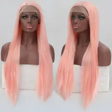 Розовый цвет прямой синтетический парик фронта шнурка Glueless термостойкие волокна волос сторона расставания естественная линия волос для женщин парики