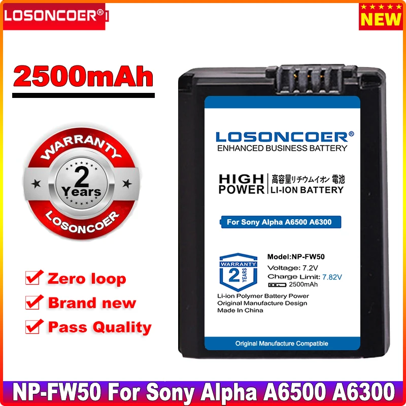 

LOSONCOER NP-FW50 NP FW50 2500mAh Battery for Sony Alpha a6500 a6300 a7 7R a7R II a7II NEX-3 NEX-3N NEX-5 5000